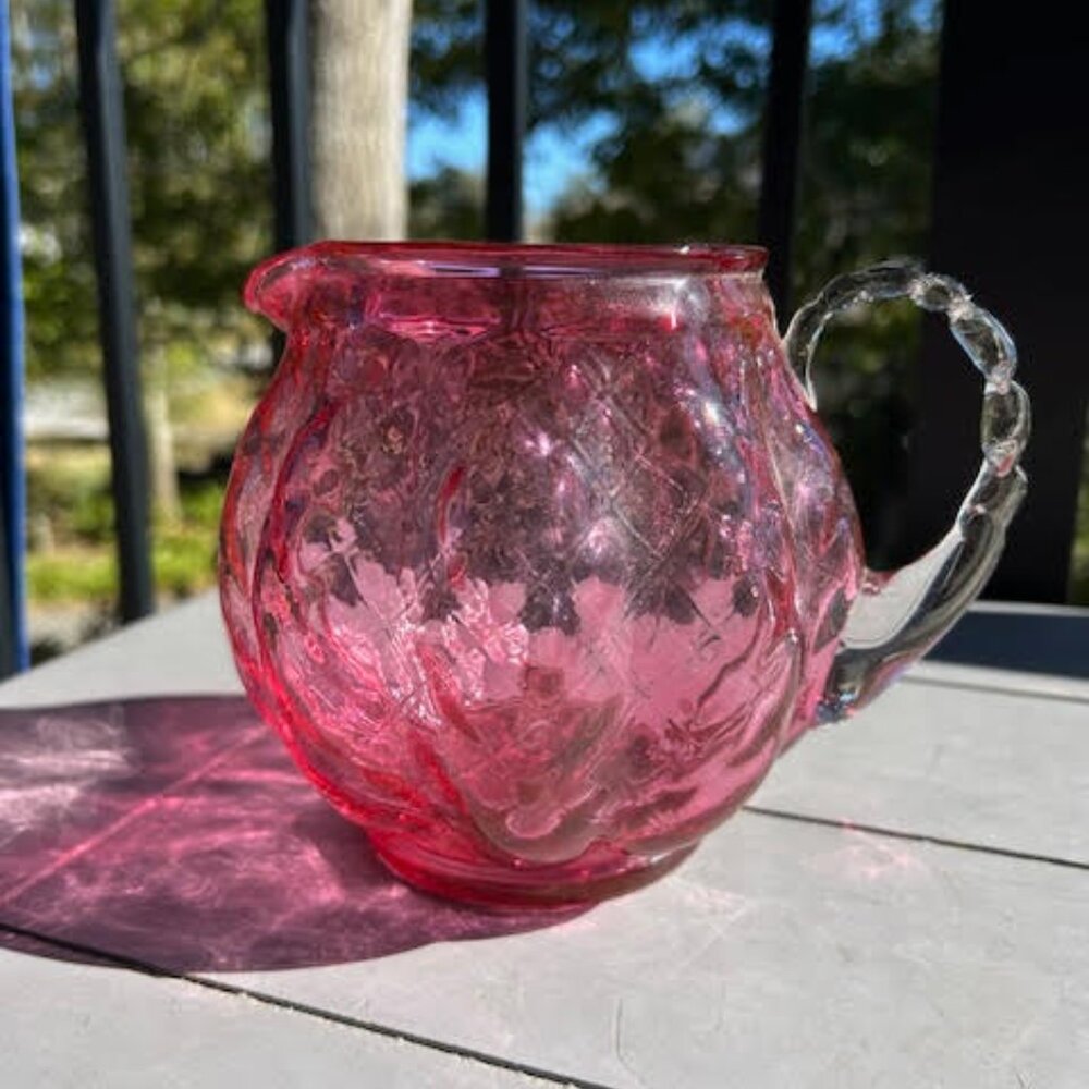 Fenton Cranberry Glass Pitcher 5" Diamond Optic Quilted Clear Handle Vintage - Picture 2 of 3